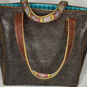 Consuela Brown Leather Tote Bag with Patterned Straps
